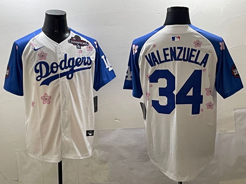 Men Los Angeles Dodgers #34 Valenzuela White Blue Sakura Edition 2025 Nike MLB Jersey style 2
